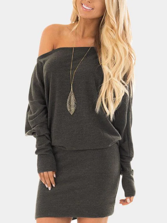 Wholesale Grey Off The Shoulder Long Sleeve Plain Bodycon Mini Dresses