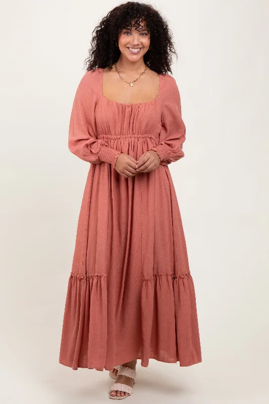 Mauve Square Neckline Bubble Sleeve Maxi Dress