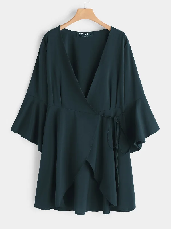 Wholesale Green Deep V Neck Long Sleeve Plain Self-Tie Irregular Hem Mini Dress