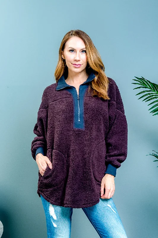 Long Sleeve 1/2 Zip Color Blocked Wooly Fur Pullover Sweater in Purple & Blue* (BKER19168)