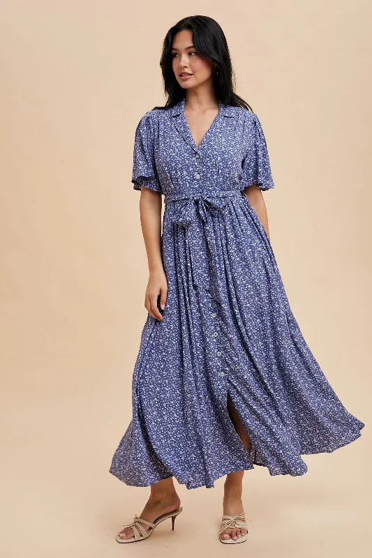 Blue Flutter Sleeve Button Down Maxi Dress