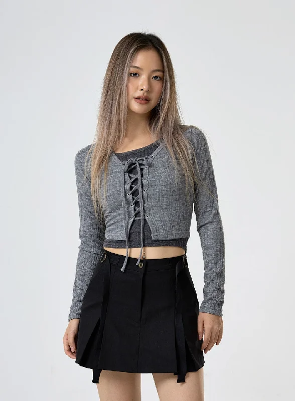 Lace Up Ribbed Crop Cardigan CG25