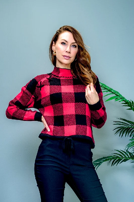 Long Sleeve Buffalo Plaid Mock Neck Sweater with Drawstring Waist in Red & Black (31194R)