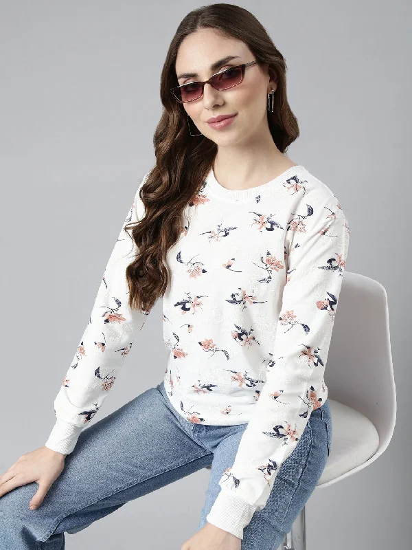 Women White Floral Pullover Sweatshirt