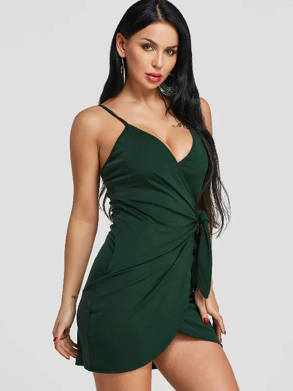 Wholesale Green V-Neck Sleeveless Wrap Mini Dresses