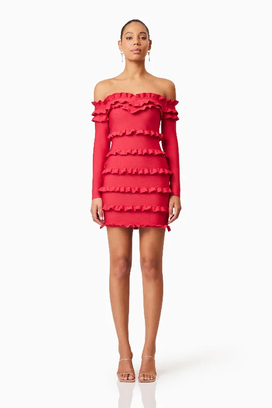 Kimberly Long Sleeve Frill Mini Dress in Red