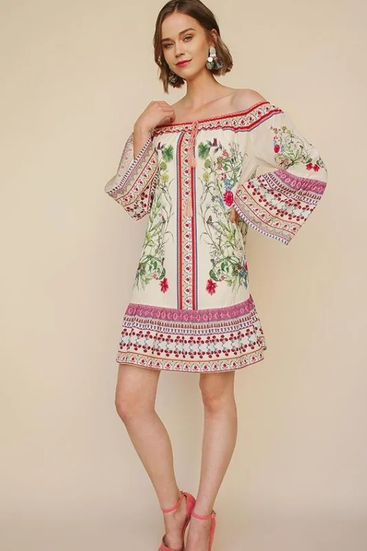 Umgee Border Bell Sleeve Dress - Natural