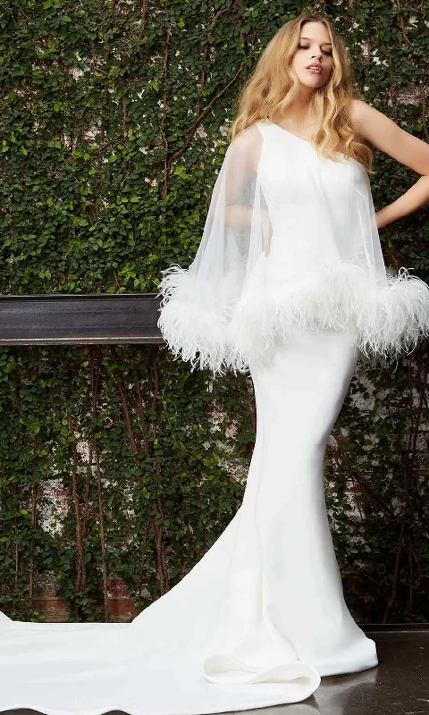 Jovani Bridal - JB07360 Feather Fringed One Shoulder Bridal Gown