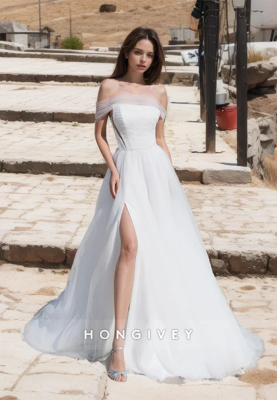 Chic Tulle A-Line Off-Shoulder Empire Beaded Ruched With Side Slit Train Wedding Dress