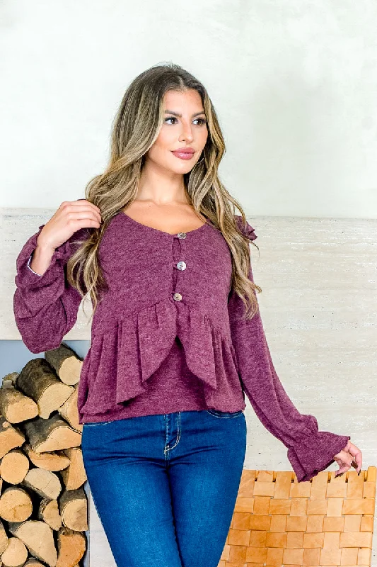 2 Piece Top - Spaghetti Strap Tank & Button Front V Neck Peplum Sweater with Bell Cuffed Long Sleeve in Wine (5652A-K38)