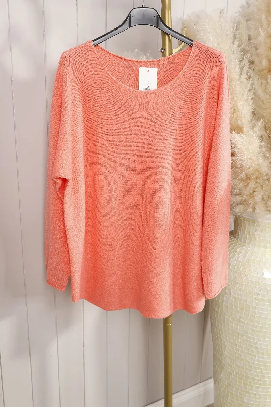 Curved Hem Round Neck Jumper Coral