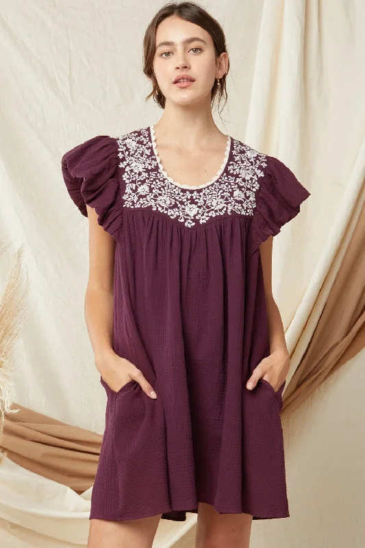 Entro Embroidered Babydoll Dress - Grape