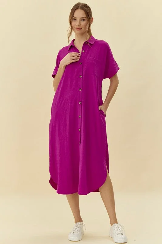 Fuchsia Button Down Front Pocket Midi Dress