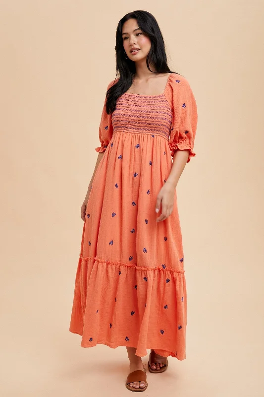 Coral Gauze Smocked Embroidered Square Neck Midi Dress