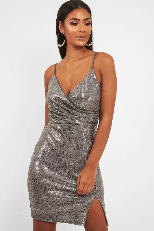 Silver Metallic Wrap Front Bodycon Mini Dress - Garnett