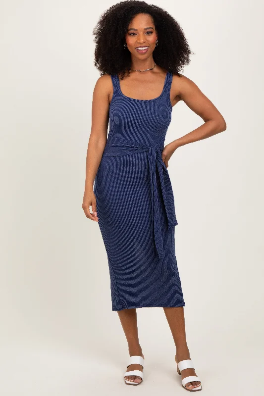 Navy Ribbed Front Tie Sleeveless Midi Dress