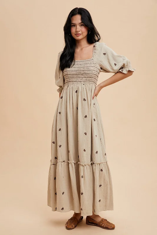 Taupe Gauze Smocked Embroidered Square Neck Midi Dress