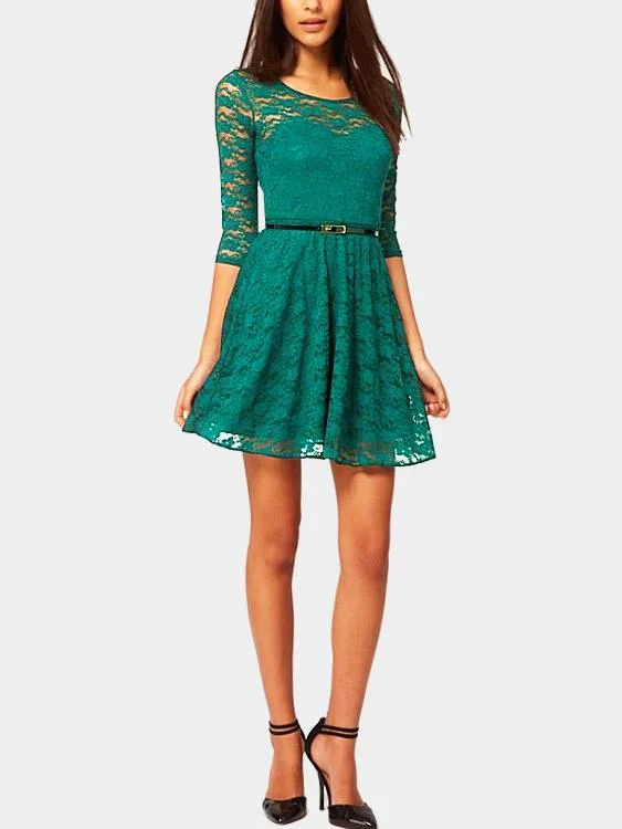 Wholesale Lace 3/4 Length Sleeve Green Mini Dress