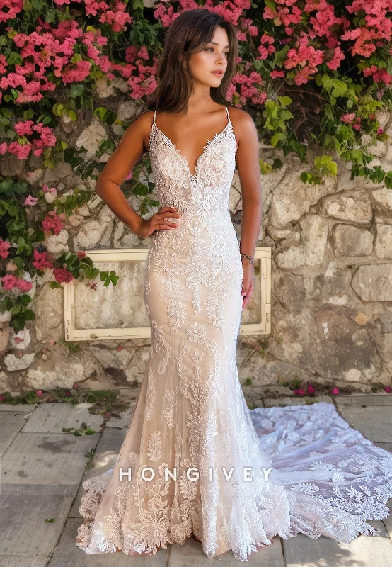 Trumpet V-Neck Spaghetti Straps With Train Lace Wedding Dress