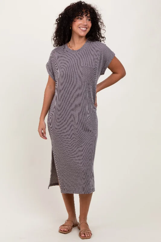 Grey Ribbed Short Sleeve Front Pocket Midi Dress