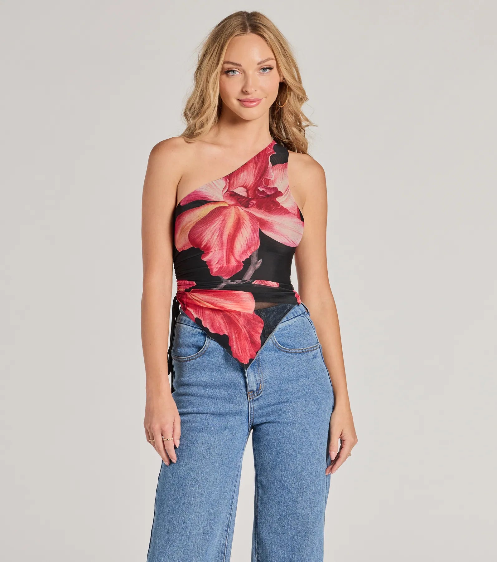 Pretty Bold One-Shoulder Floral Mesh Crop Top