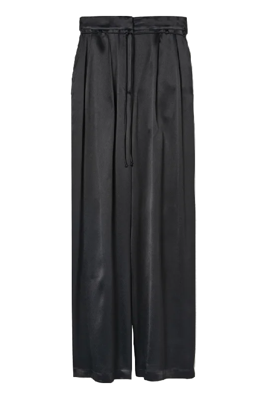 Pleated Satin Wide Leg Pants | Black