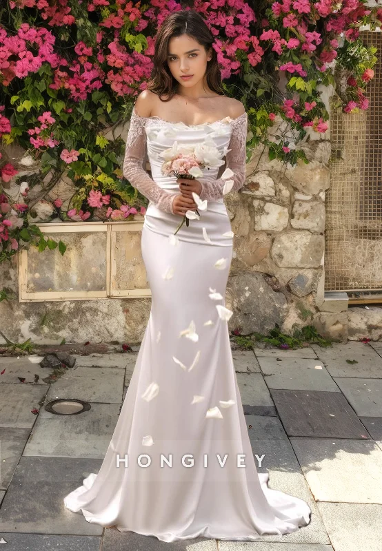 Sexy Trumpet Off-Shoulder Long Sleeve With Overskirt Beach Wedding Dress