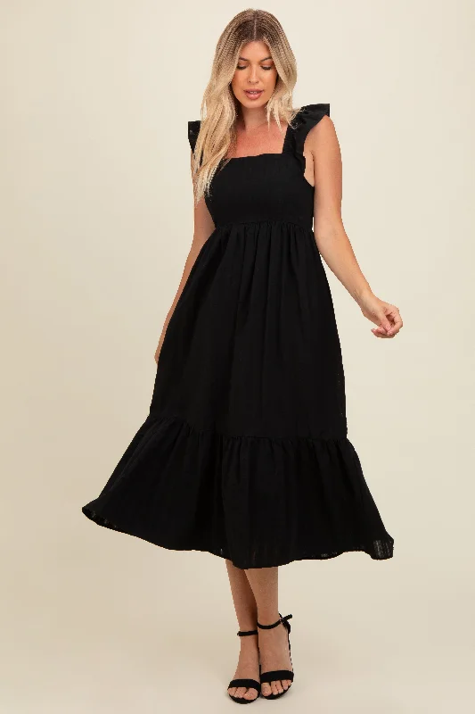 Black Textured Cotton Ruffle Strap Midi Dress