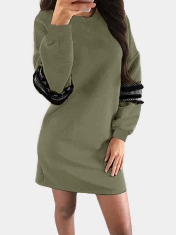 Wholesale Round Neck Tassel Long Sleeve Green Mini Dress