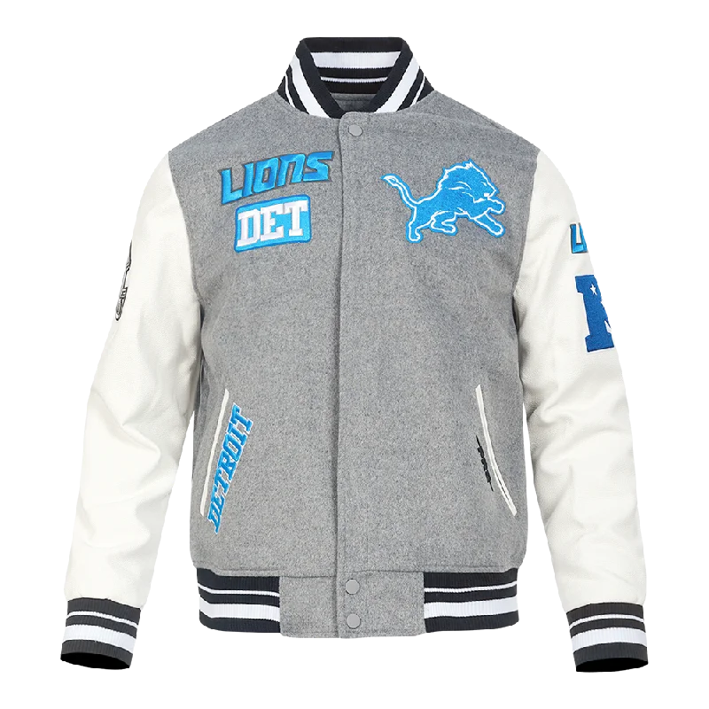 NFL DETROIT LIONS AREA CODE MEN'S RIB WOOL VARSITY JACKET (HEATHER GREY/WHITE/BLACK)