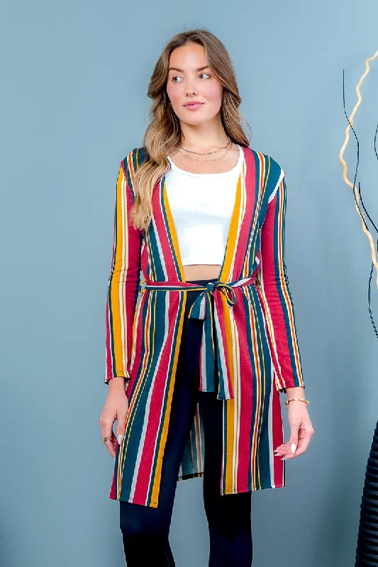 Multi Color Stripe Open Front Cardigan Sweater with Waist Tie (31762)