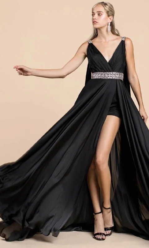 Ladivine A0065 - Caped with Satin High Slit Evening Dress