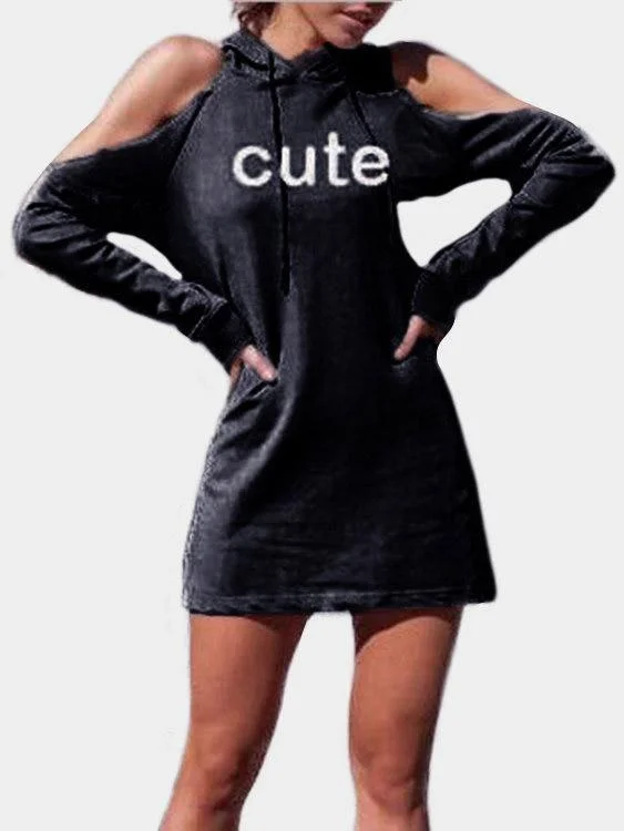 Wholesale Grey Cold Shoulder Long Sleeve Letter Hooded Mini Dresses