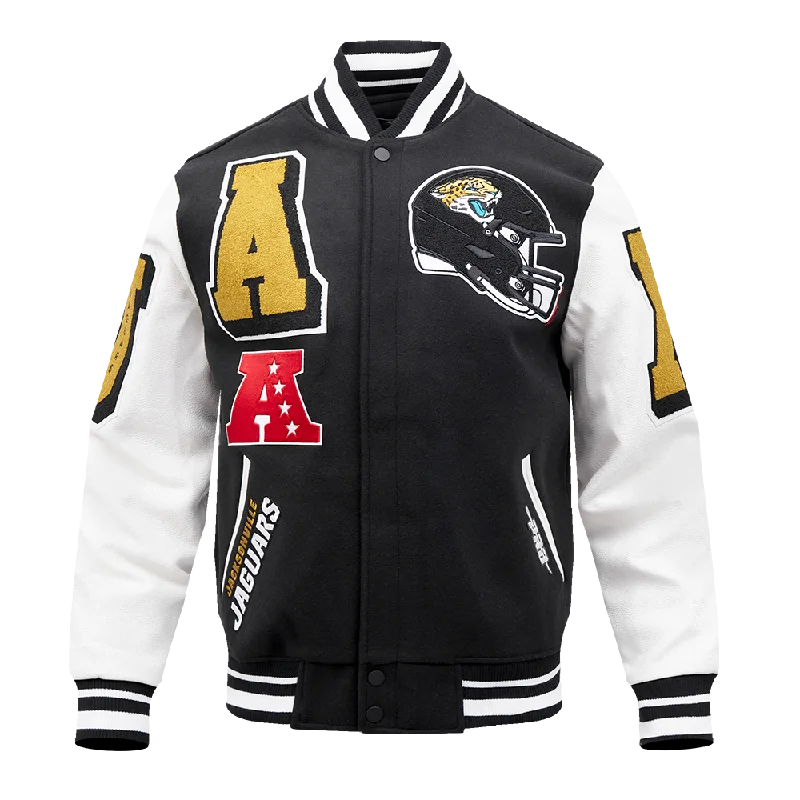 NFL JACKSONVILLE JAGUARS MASHUP MEN'S RIB WOOL VARSITY JACKET (BLACK/WHITE)