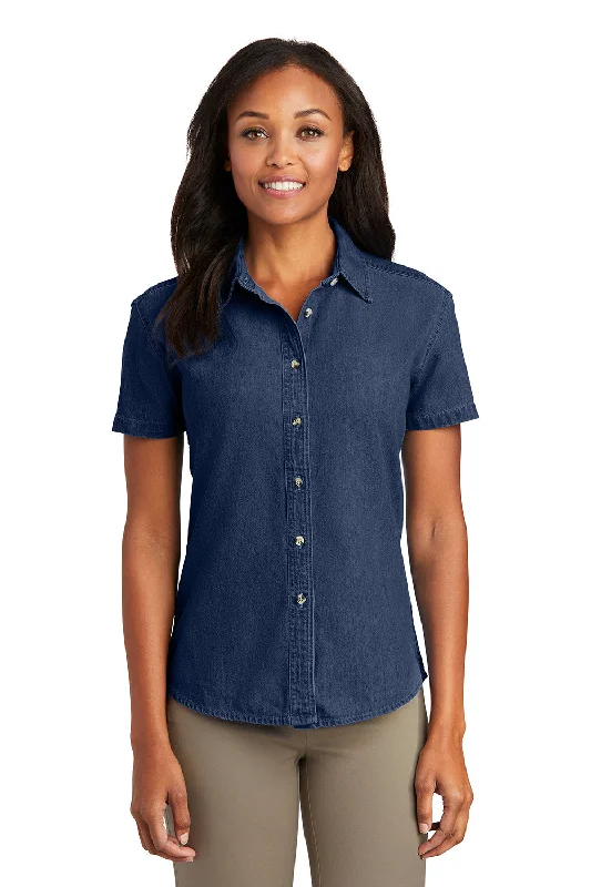 Port & Company Womens Denim Short Sleeve Button Down Shirt - Ink Blue