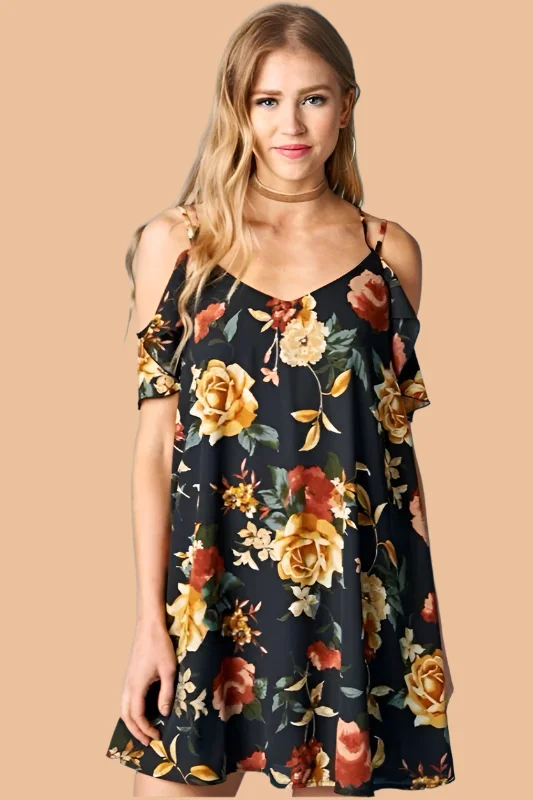 Sweet Floral Flutter Sleeves Dress - Black