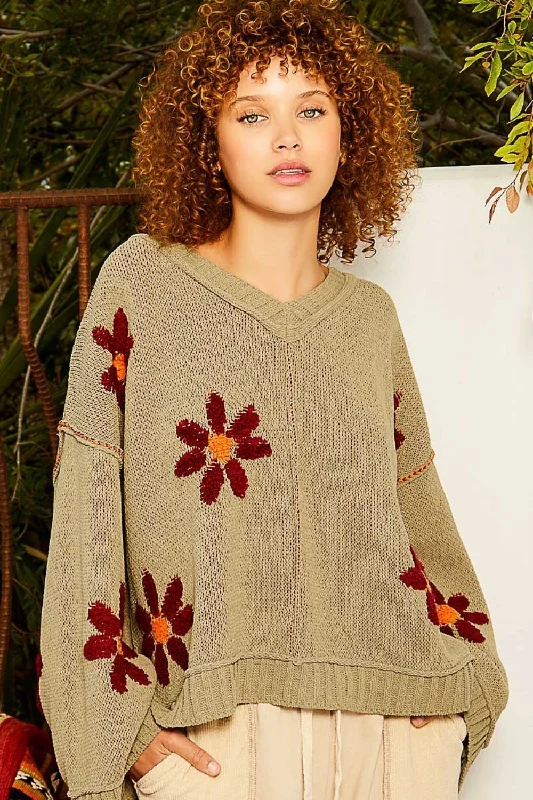 POL V-Neck Floral Pattern Chenille Sweater