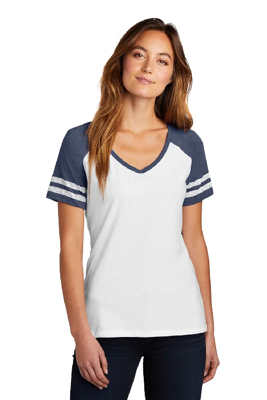 District Womens Game Short Sleeve V-Neck T-Shirt - White/Heather Navy Blue