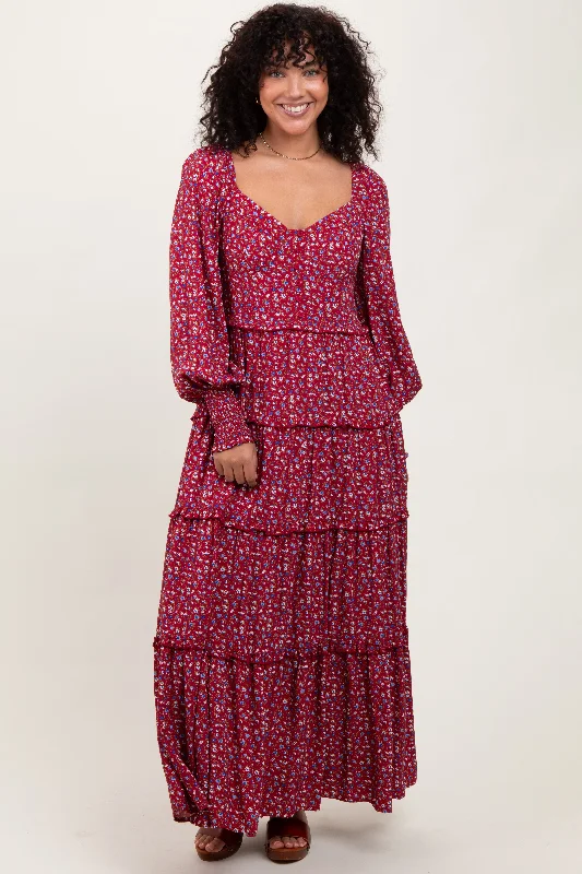 Burgundy Floral Button Accent Bodice Tiered Maxi Dress