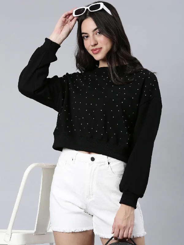 Women Self Design Black Crop Sweatshirt