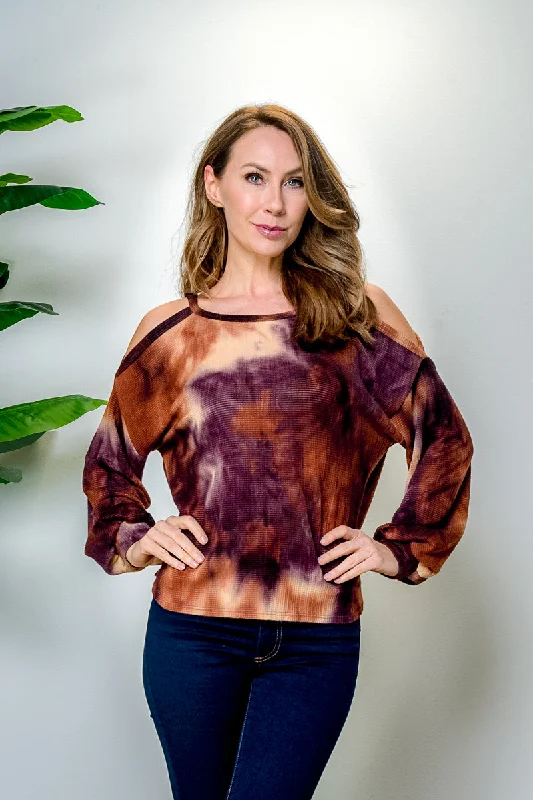 Tie Dye Cold Shoulder Mono Long Bishop Sleeve Sweater (BT91190)