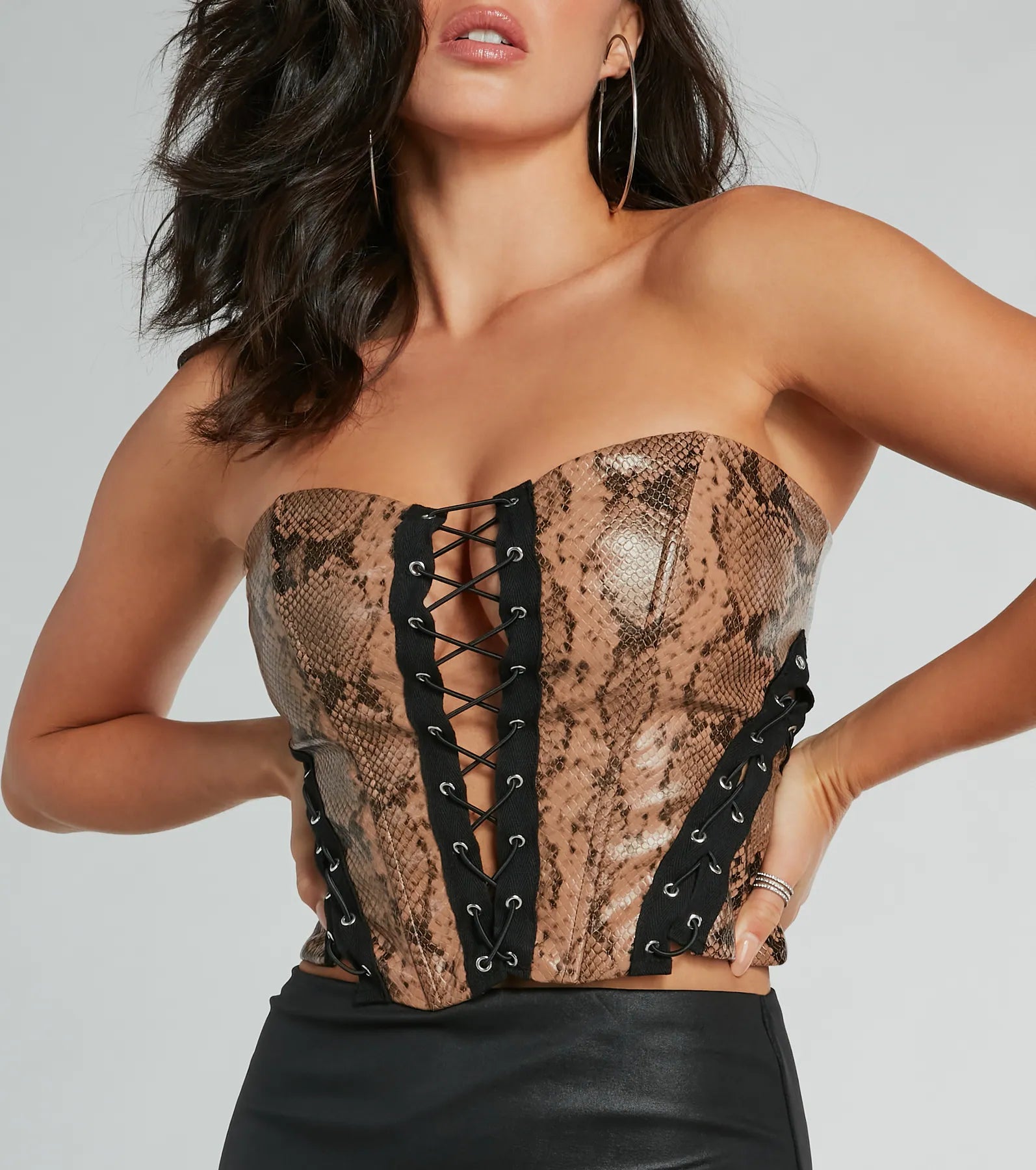 Snake Skin Tight Lace-Up Faux Leather Corset Top