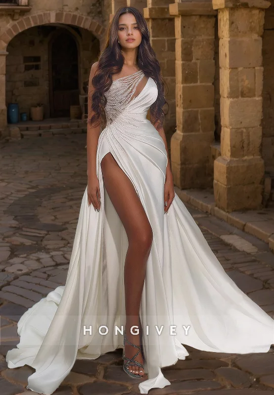 Beaded One Shoulder Draped Illusion Cutout High Slit With Train Wedding Dress