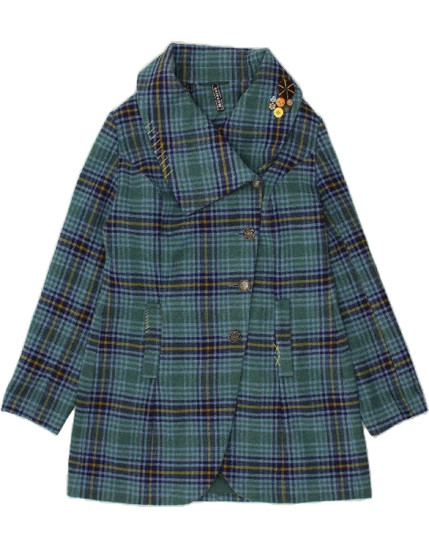 RAINBOW Womens Overcoat IT 42 Medium Blue Check Polyester