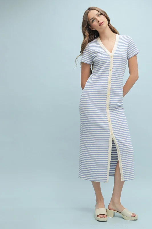 Light Blue Striped Button Down Midi Dress