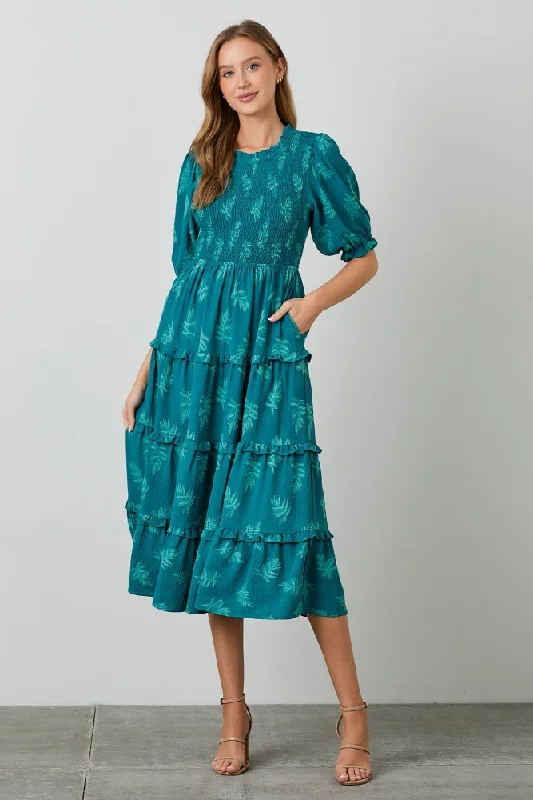 Teal Leaf Print Smocked Midi Dress