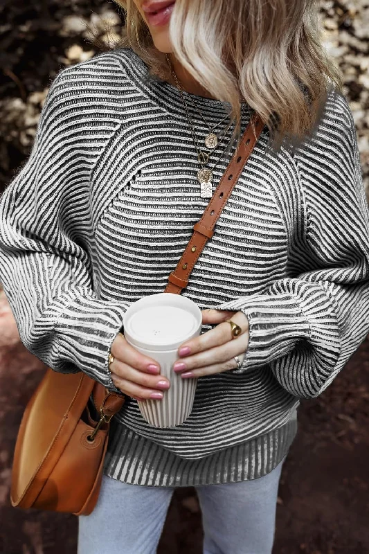 Textured Striped Round Neck Long Sleeve Top