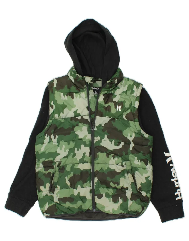 HURLEY Womens Graphic Hooded Padded Jacket UK 16 Large Green Camouflage