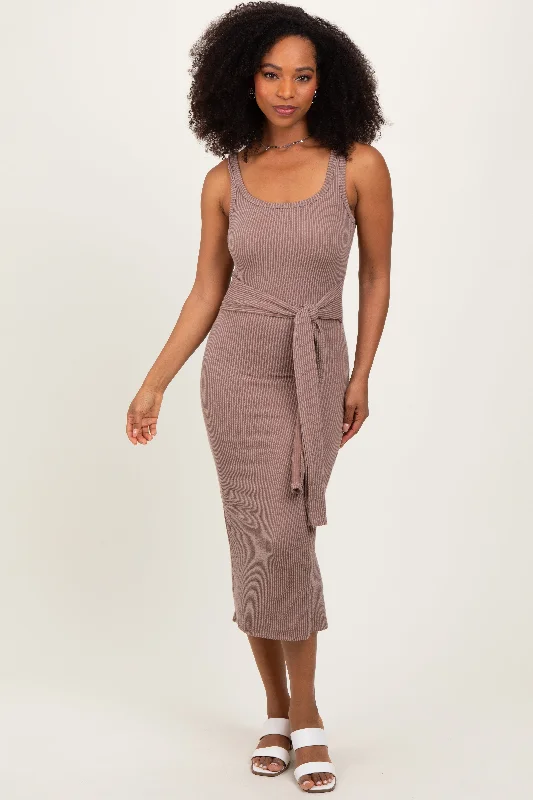 Mocha Ribbed Front Tie Sleeveless Midi Dress