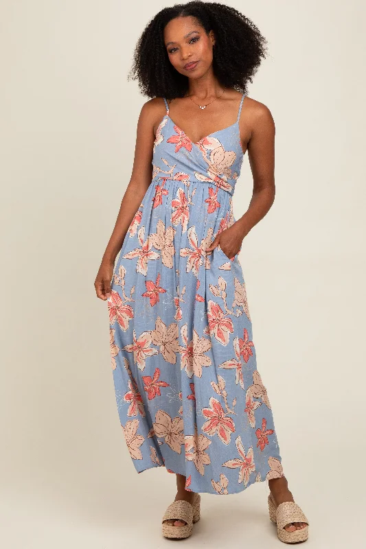 Blue Floral Crossover Neckline Maxi Dress